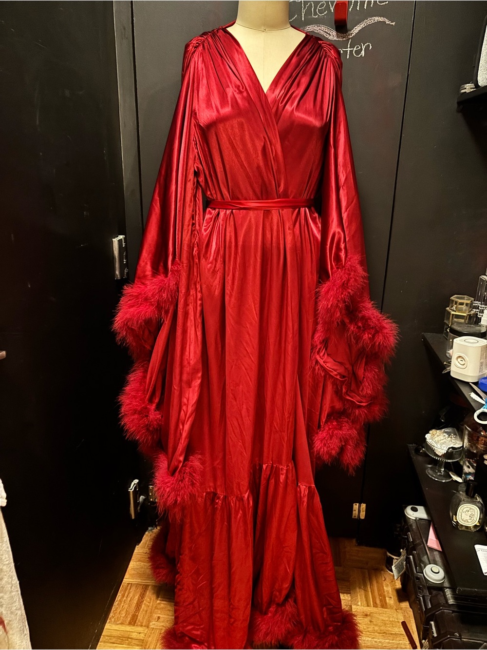 Red Satin Feather-Trim Long Robe